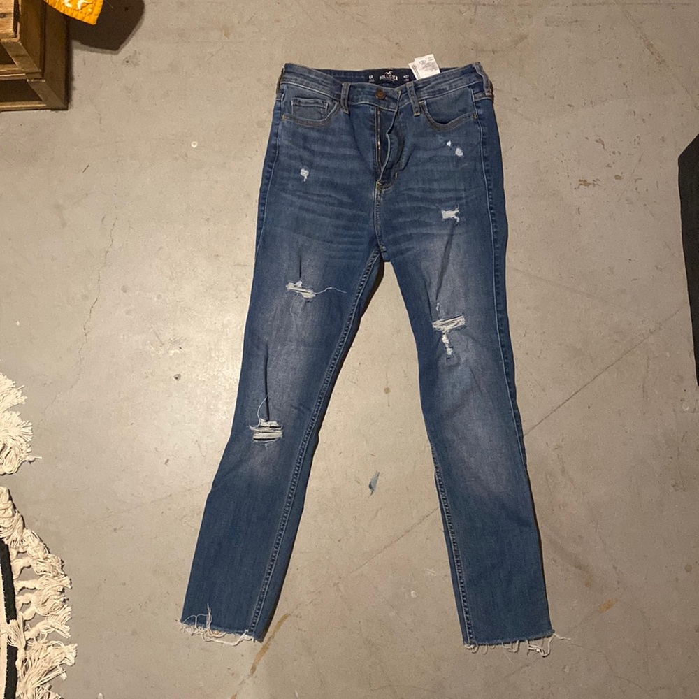 Super high rise jeggings holes in leg cut off ankles